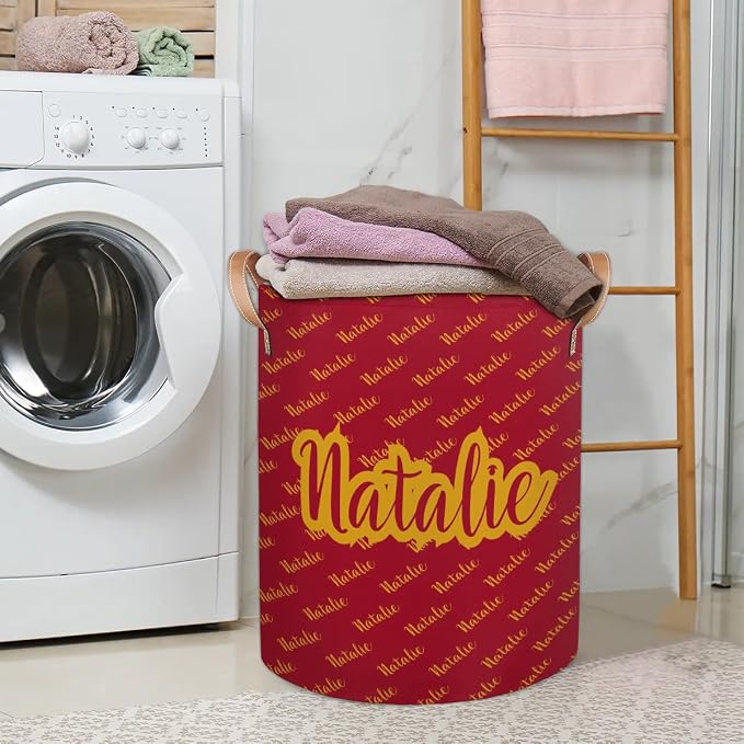 Personalized Laundry Basket, Custom Gift Laundry Hamper, Collapsible Nursery Waterproof Laundry Baskets, Dirty Clothes Toy Hamper with Handles Name Gold Red