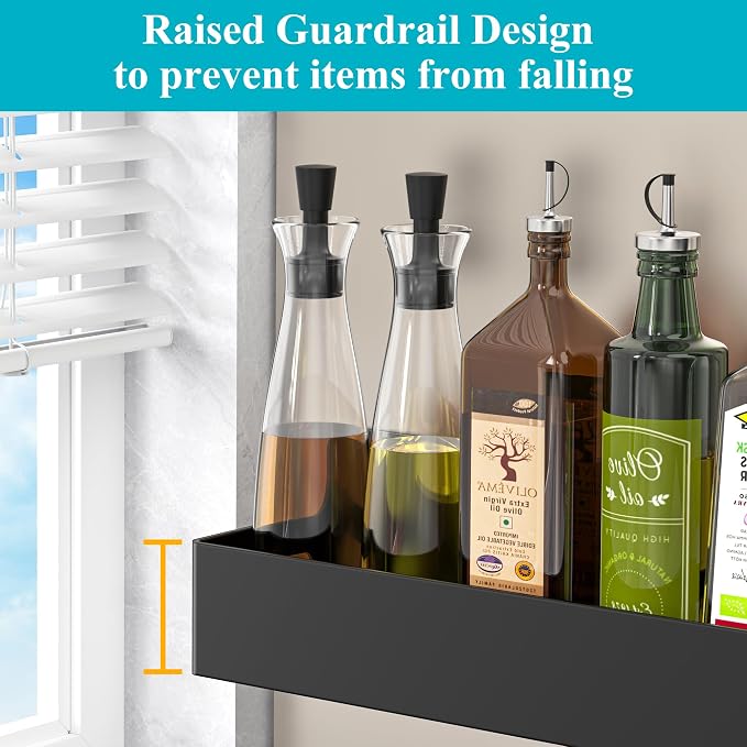 HuggieGems 4 Pack Magnetic Spice Seasoning Rack for Refrigerator, Magnetic Shelf Holder for Fridge with 4 Hooks for Kitchen Organization Storage, Black