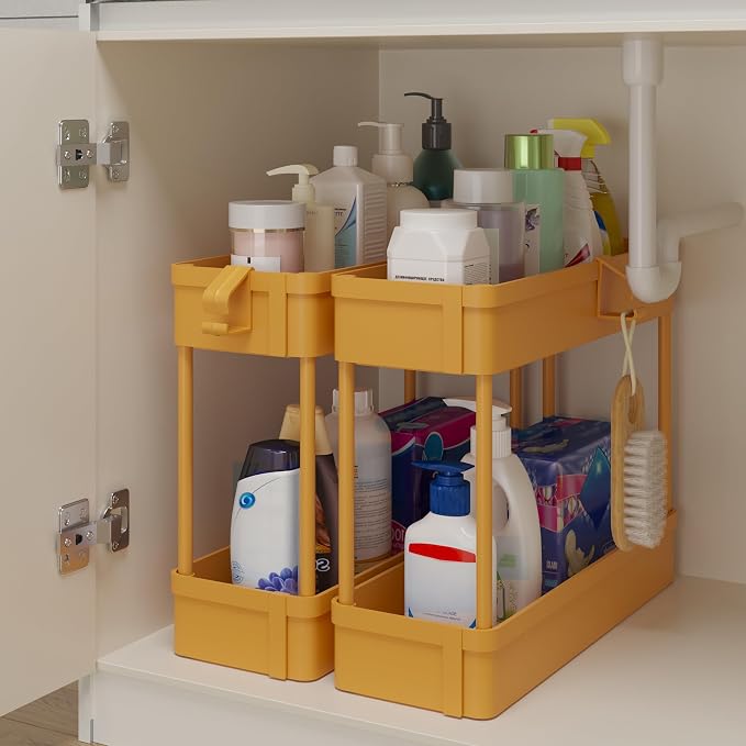 Under Sink Organizers Storage Rack, 2 Tier Under Bathroom Cabinet Shelf Basket, Multi-Purpose Storage Cart with Hooks for Kitchen Bathroom Bedroom Livingroom, Yellow