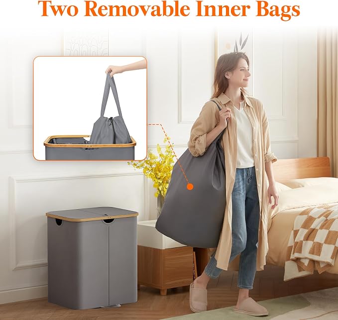 Lifewit 120L Double Laundry Hamper with Lid, Large Laundry Basket with Removable Bag & Bamboo Handles, Fodable Tall Dirty Clothes Hamper for Laundry Collapsible Bin for Bathroom Bedroom, Charcoal Gray