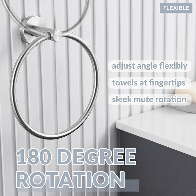APLusee Bathroom Towel Ring Brushed Nickel, 304 Stainless Steel Hand Towel Holder for Bathroom Kitchen, Single Round Swivel Hanger, Wall Mounted