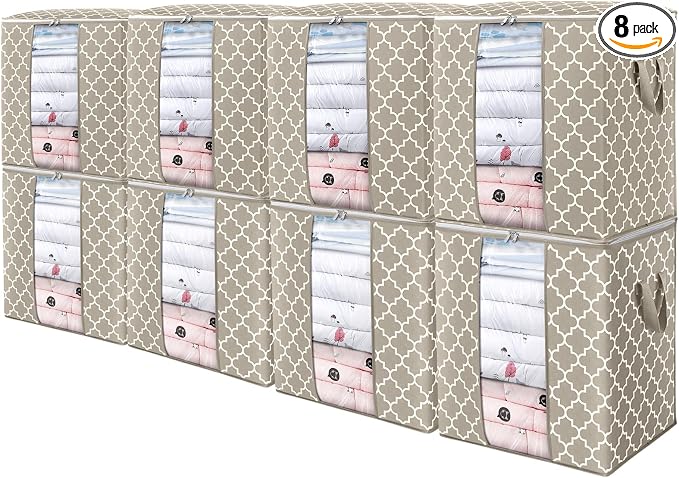 WISELIFE Storage Bags 8 Pack/100L Large Blanket Clothes Organization and Storage Containers for Comforters,Bedding, Foldable Organizer with Reinforced Handle, Clear Window, Sturdy Zippers,Beige