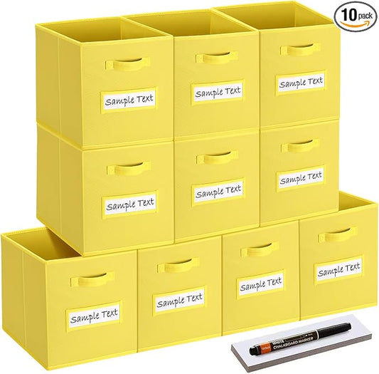 11x11 storage cube bins (Set of 10) Foldable Fabric storage cubes with 10 Labels Window Cards & a Pen,11 inch cube storage bin,Closet Organizers for Shelves,Cubby Organizer Boxes,Dark Yellow