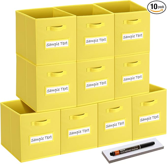 13x13 storage cube bins (Set of 10) Foldable Fabric storage cubes with 10 Labels Window Cards & a Pen,13 inch cube storage bins,Closet Organizers for Shelves,Cubby Organizer Boxes,Dark Yellow