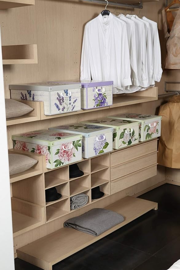 Lavatelli CAMELIE – Set of 2 Decorative Cardboard Storage Boxes with Lids & Handles, Stackable Floral Camellias Organiser Bins for Clothes, Toys & Documents – 50×39×24 cm (19.7×15.4×9.4 in)