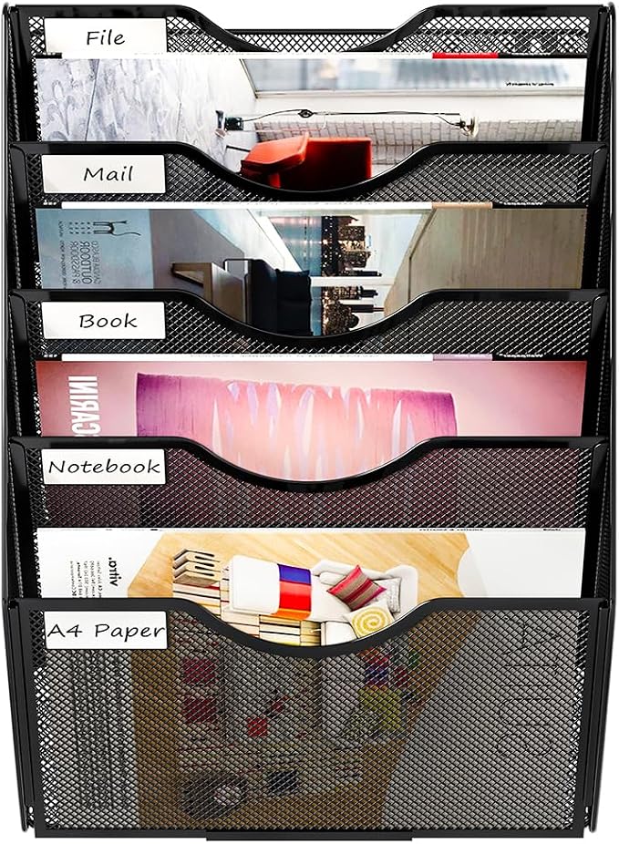 PAG Hanging Wall File Holder, 5 Tier Mail Sorter for Wall, Mesh Office Wall Organizer For Papers/Folders/Files Clipboard & Magazine, Black