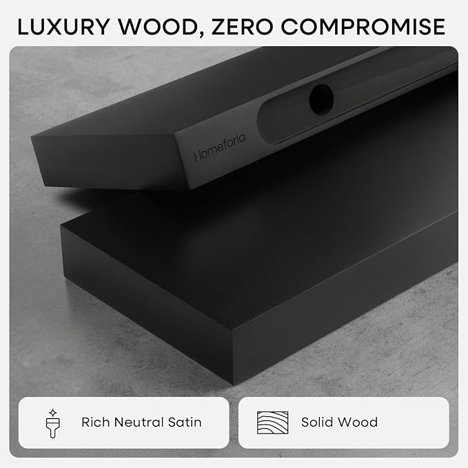 Homeforia Black Floating Shelf 20 inch, High End Solid Real Wood 20inch Bathroom Floating Shelves for Wall Mounted, Black Wooden 20in Floating Shelves, Heavy Duty Bracket, 20 X 6.5 X 1.75 in, Set of 4