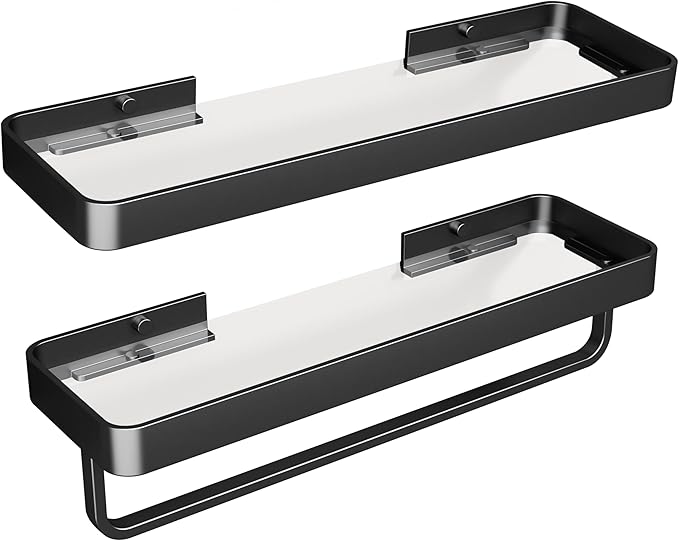 Danpoo 16-Inch Black Floating Bathroom Shelves with Towel Bar， Clear Tempered Glass Wall Shelf 2-Pack – Versatile Bathroom Organizer Set
