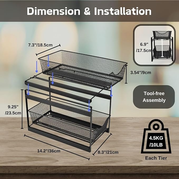 IBERG 2 Tier Bathroom Organizer Under Sink with Pull Out Drawer (Black)
