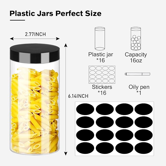 SLifeJars Plastic Jar with Lids 16oz Clear Empty Containers 16Pcs Straight Cylinders Storage Jars with Airtight Black Lid Stackable Refillable Round Plastic Jars for Kitchen Food & Home Storage