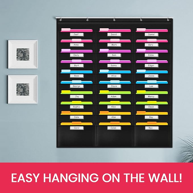 School Pocket Chart, 30 Signatory Pocket, Heavy Duty Hanging File Folders Pocket Chart Cascading Organizer & 5 Hangers Hooks, Perfect for Classroom, School, Office or Home Use