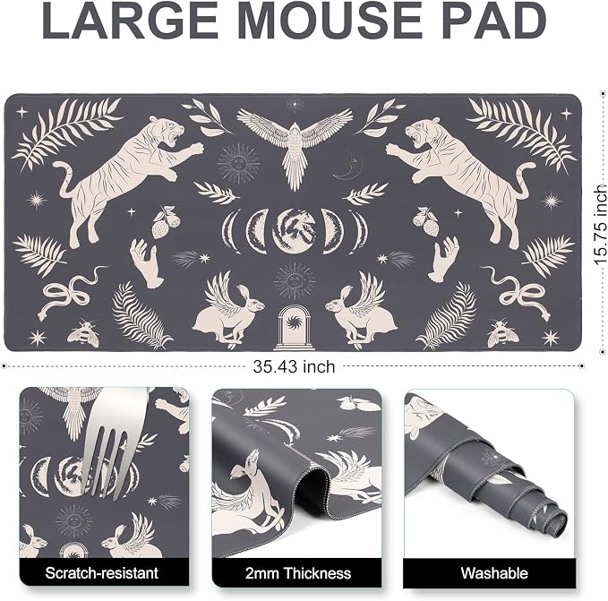 L-SPOUTTO Black Desk Mat for Keyboard and Mouse,Boho XXL Gaming Mouse Pad | Mystical Animals Large 35.4x15.7in Non-Slip Rubber Base Keyboard Pad Desktop Mat for Laptop Computer Work Home Office