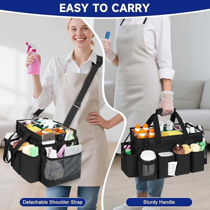 Cleaning Caddy Bag, Extra Large Cleaning Supplies Organizer for Housekeepers, Housekeeping Caddy with Handle and Detachable Padded Cushion, Black