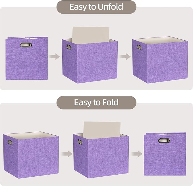 13x15x13 Storage Cube Bins, Foldable Storage Cubes, Fabric Organizer Basket Bin, Solid Containers Decorative Storage Boxes for Shelves Wardrobe Closet Home Office, 4 Pack, Purple
