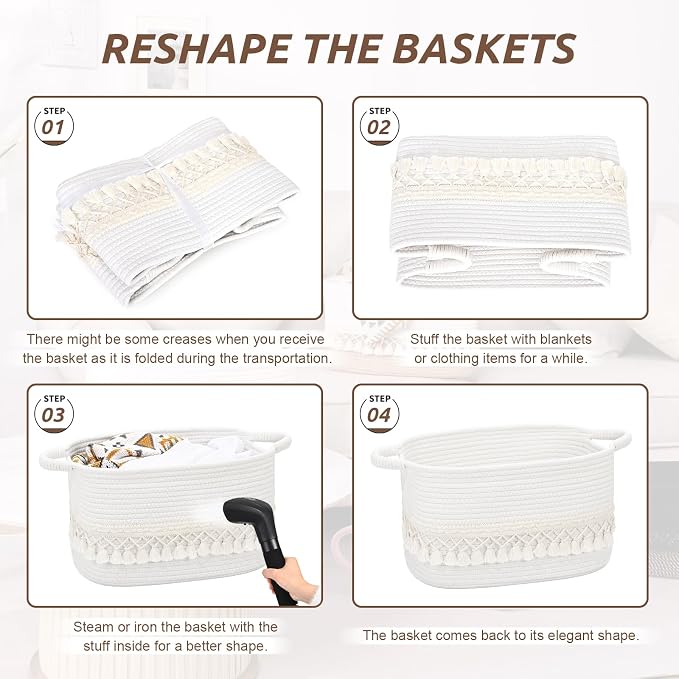 6 Pack Storage Basket for Shelves, Boho Cotton Rope Storage Bins with Heavy Tassel, Shelf Baskets Large Woven Baskets for Organizing, Cube Organizer Bins, Baby Laundry Basket for Clothes, Toys, Pets