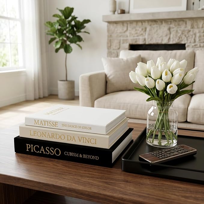 Linen Faux Book Box Set of 3, Black and White Decorative Books for Shelves, Fake Books for Decoration with Secret Compartment, Modern Aesthetic Coffee Table Decor (Black-Beige-White)