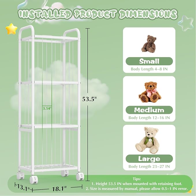 Stuffed Animal Storage, Metal Tube Toy Storage Organizer Extra Large Stuffed Animal Holder With Brake Wheels, Stuffed Animal Zoo Organizer For Nursery Playroom Kids Room White(53.5” x 18.1”x 13”) 13”)