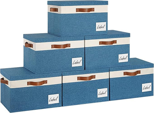 GhvyenntteS Fabric Storage Bins with Lid 6 Pack, Large Decorative Storage Boxes with Lids and Handles, Foldable Fabric Storage Baskets with Lid and Label for Home Office (Blue, 15" x 11" x 9.7")