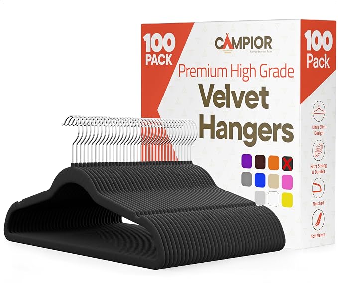 Black Velvet Hangers 100 Pack – 360° Swivel Hook, Non-Slip and Space Saving Hangers, Heavy-Duty 11 lbs Weight Capacity - Smooth Velvet Finish for Crease-Free Clothes and Effortless Closet Organization
