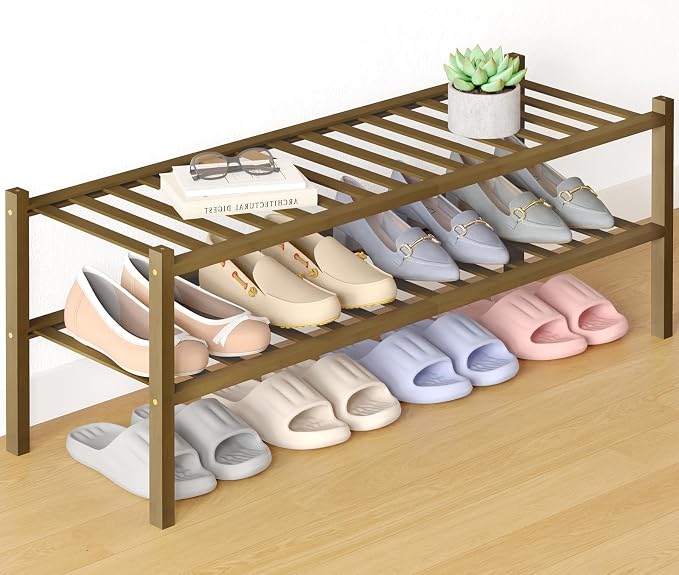 Smiry Bamboo Shoe Rack for Closet, 2 Tier Long Wooden Shoe Organizer, Stackable Wood Shoe Storage Shelf for Entryway, 14 Vertical Slats, One-piece Heavy-Duty Legs, 33.86"x11.02"x12.99", Walnut
