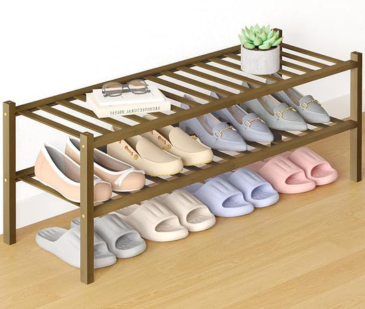 Smiry Bamboo Shoe Rack for Closet, 2 Tier Long Wooden Shoe Organizer, Stackable Wood Shoe Storage Shelf for Entryway, 14 Vertical Slats, One-piece Heavy-Duty Legs, 33.86"x11.02"x12.99", Walnut