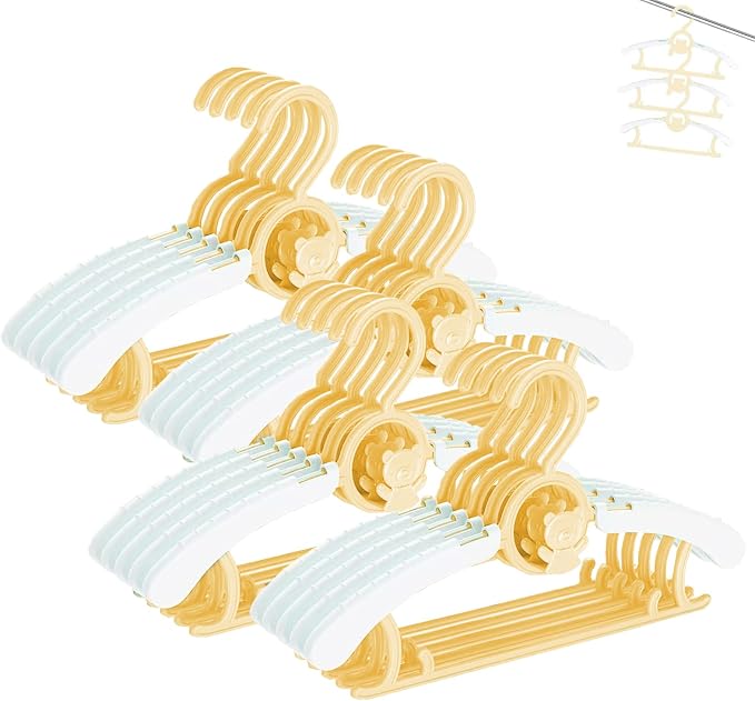 Baby Clothes Hangers 20 Pack Plastic Kids Hangers Space Saving for Closet | Yellow Hanger for Toddler Girl and Boy - Lightweight Anti-Slip Cascading Padded Slim Extendable Adjustable Pants Bear Hangar