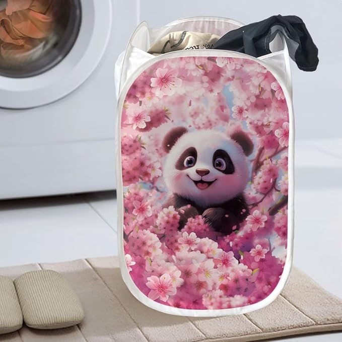 AFPANQZ Laundry Baskets Foldable Pop Up Cherry Blossom Panda Mesh Washing Laundry Basket Bag Bin Hamper Nursery Toy Tidy Storage Organiser Large Organizer 61L, 13.5x13.5x21 inches