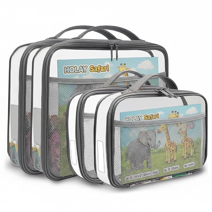 holay 4 Packs PVC Toy Storage Organizer with Zipper, Name Tag & Manual Pocket, Clear Durable Case for Blocks, Clay, Board Games, Travel (Gray, Small, Large)