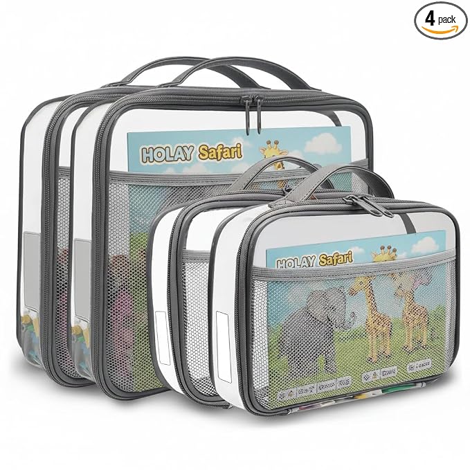 holay 4 Packs PVC Toy Storage Organizer with Zipper, Name Tag & Manual Pocket, Clear Durable Case for Blocks, Clay, Board Games, Travel (Gray, Small, Large)