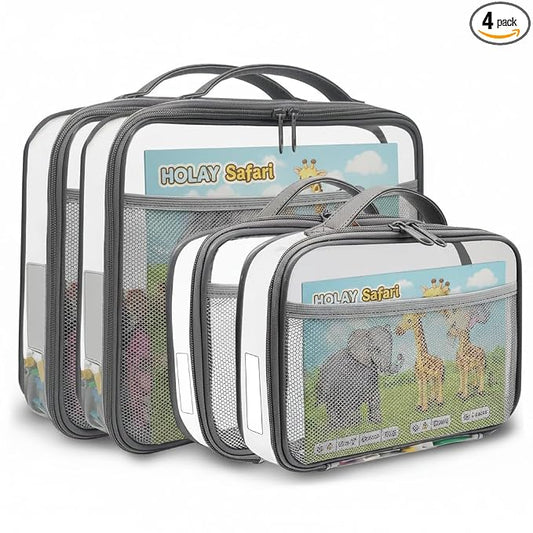 holay 4 Packs PVC Toy Storage Organizer with Zipper, Name Tag & Manual Pocket, Clear Durable Case for Blocks, Clay, Board Games, Travel (Gray, Small, Large)