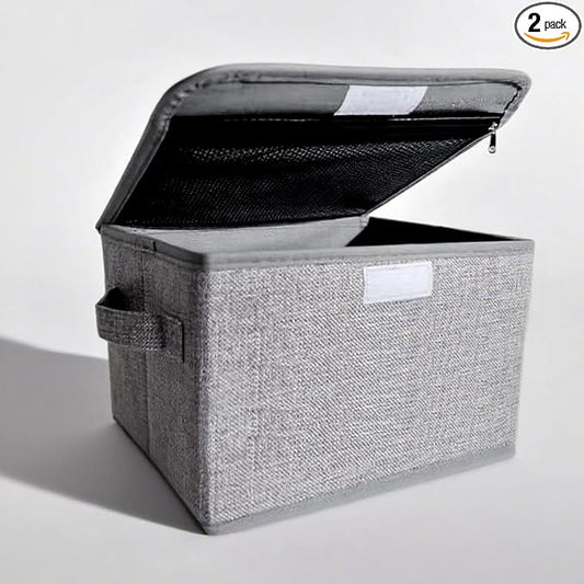 2 Pack Small Storage Box, Storage Basket with Lid, Foldable Cotton Linen Fabric Keepsake Box, Organizer Container with Zipper for Decorative, Medicine, Greeting Card Organizer.(Gray)