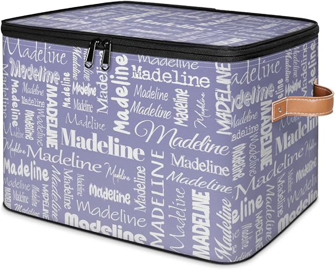 Custom Storage Basket with Name, Personalized Keepsake Box with Zipper Lid, Foldable Fabric Memory Bin Large capacity with Handle Haze Purple
