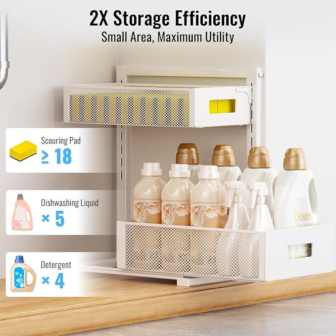 TISTAYA Under Sink Organizer, Bathroom Organizers and Storage, Cabinet Organizer for Kitchen, Bathroom, Pantry, Laundry, Study, White, 1XL, 2PCS