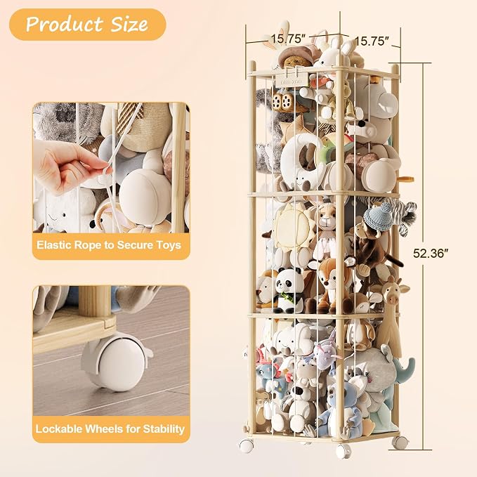 EXPERLAM Stuffed Animal Storage Zoo with Wheels, Montessori-Inspired Solid Pine Wood Plush Toy Organizer, Tall Stuffed Animal Holder with Thick Elastic Cords for Kids Room, Nursery,and Bedroom,Large