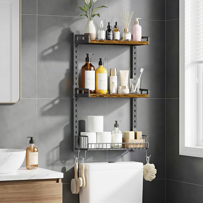 Kalrin 3 Tier Bathroom Shelves Over Toilet - Wall Mounted Floating Shelves with Drain Basket, Toilet Paper Storage, Height Adjustable Over The Toilet Storage, Vintage Brown