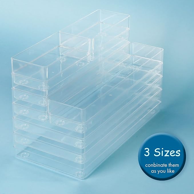 LotFancy Clear Drawer Organizers, 12” x 3” x 2”, Set of 3, Drawer Organizer Trays for Desk, Plastic Storage Bins for Bathroom, Makeup, Utensils, Stackable