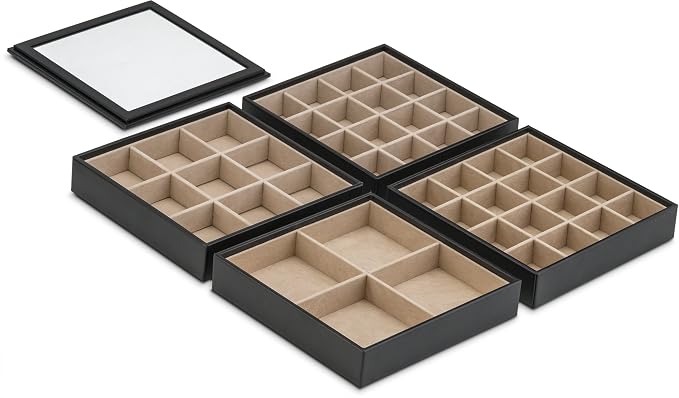 Glenor Co Earring Organizer Tray - 4 Stackable Trays with Lid -45 Slot Classic Jewelry Storage Display Case for Drawer or Dresser - Holder for Earring Ring Necklace or Cufflinks - Large Mirror - Black