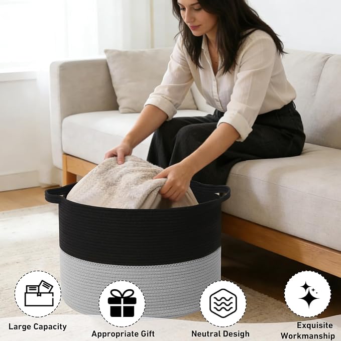 115L Large Blanket Basket,Woven Rope Laundry Basket Hamper with Handles, Decorative Nursery Basket Storage Bin for Toys, Clothes Organizer, Living Room, Bedroom, Bathroom, Black&Light Grey