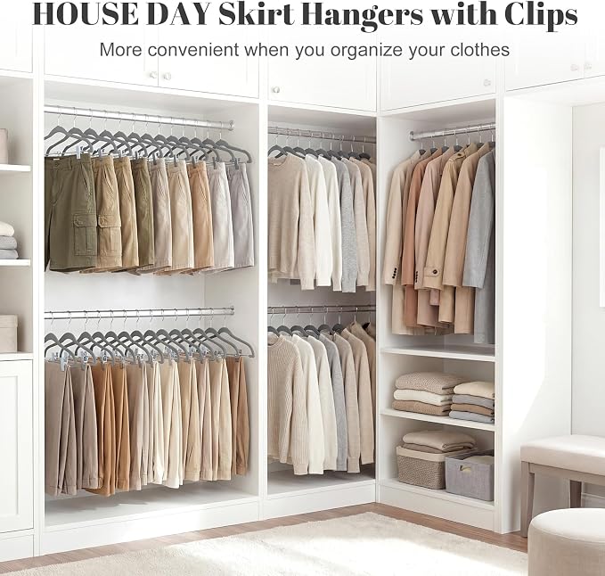 HOUSE DAY Velvet Skirt Hangers 36 Pack, Grey Hangers with Adjustable Clips | Space Saving Slim Felt Pant Hanger, Heavy Duty Shorts Hanger, Non Slip Clip Hangars for Pants, Skirts, Shorts, Outfit