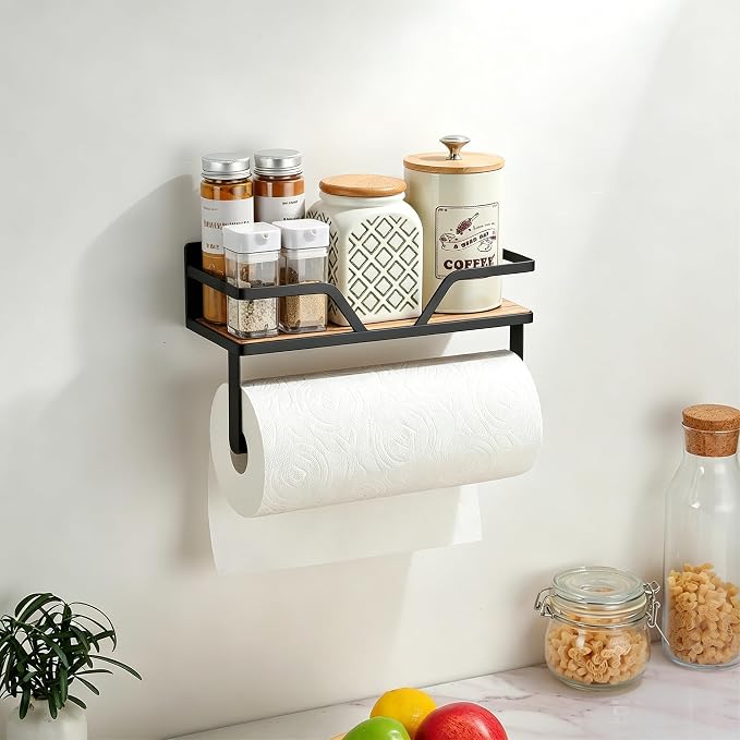SUNTECH Black Magnetic Paper Towel Holder with Shelf, for Fridge, 11.8 in | Wood Base, Raised-Edge Design, 10 lbs Load, Magnetic or Screw Mount, Holds Spices, Toiletries, Fits Kitchen, Bathroom, RV