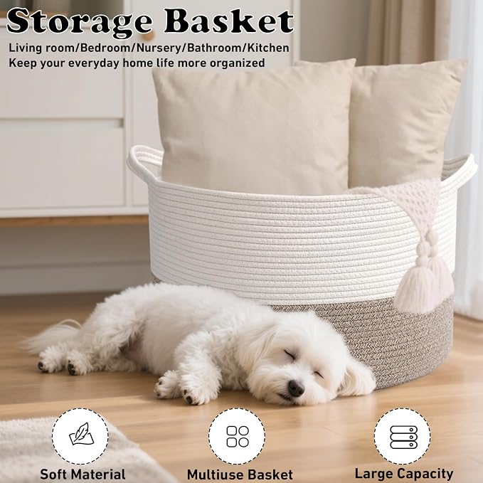 90L Extra Large Blanket Basket,Woven Rope Laundry Basket Hamper with Handles, Decorative Nursery Basket Storage Bin for Toys, Clothes Organizer, Living Room, Bedroom, Bathroom, White & Brown