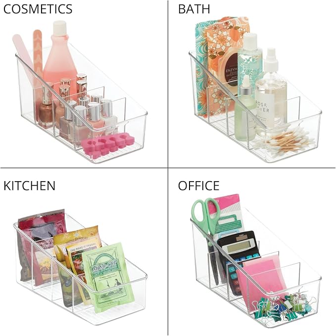 mDesign Plastic 4-Section Food Packet Organizer - Storage for Kitchen, Pantry, Cabinet, or Countertop - Organization for Spice Packets, Hot Chocolate, Seasoning Pouches, Ligne Collection, Clear