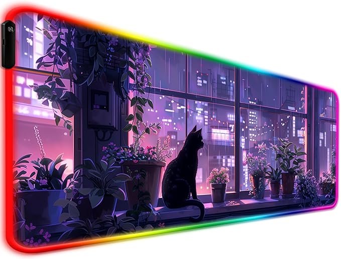 RGB Japanese Anime Cute Cat and Plant Gaming Desk Mat, Computer Keyboard Large Extended Kawaii Animal LED Mouse Pad for Office and Home, 31.5×11.8 Inches, XL, Purple