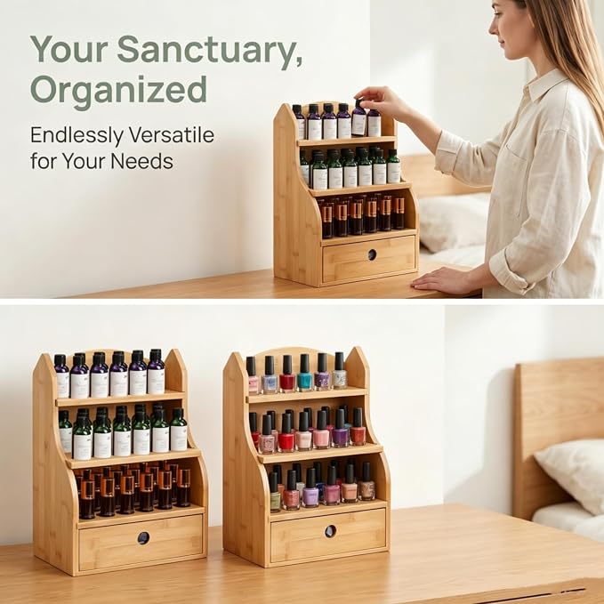Dicunoy Essential Oils Storage Case, 46 Slots Nail Polish Shelf Display Rack with Drawer, Bamboo 3 Tiers Essential Oil Organizer Holds 10/15/20/30ml Bottles for Home, Cosmetic Shelf, Fairs, Shop
