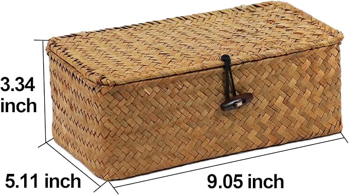 Wicker Storage Basket with Lid, Natural Seagrass Storage Baskets for Organizing, Rectangular Woven Basket for Storage, Decorative Boxes Bins with Lids Home Organizer Decor
