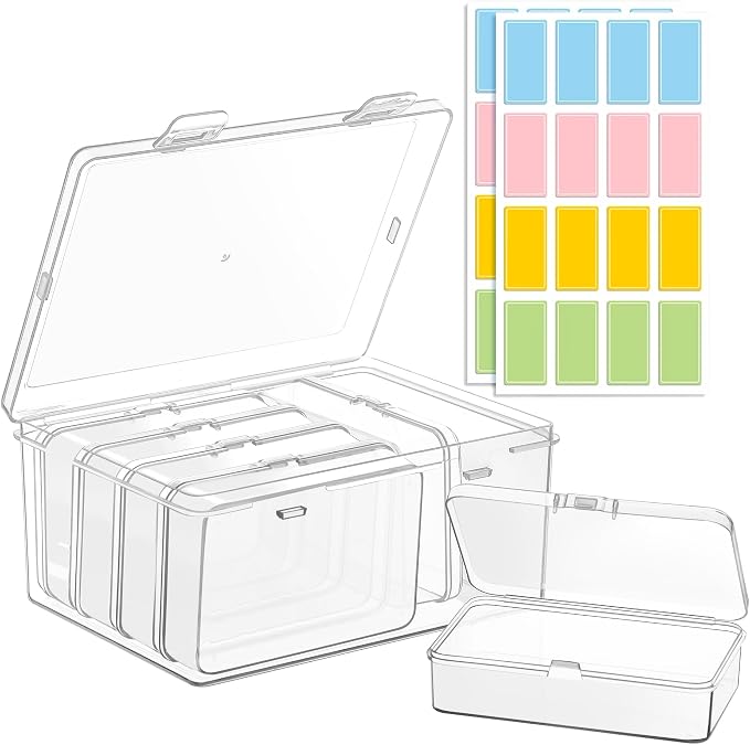 zoeynex 6-Pack Large Clear Plastic Storage Boxes with Master Case – Business Card Organizer System for 500+ Cards, Portable Hard Cases for USB Drives, Crayons, 3" Hardware & Crafts – 3.8" x 2.6" x 1"