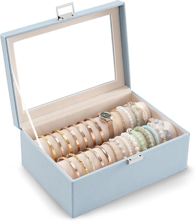 Lolalet Bracelet Display Holder with Rods for Bangles Watches, Clear Lid Jewelry Organizer Box Storage Case for Women Girls -Blue, 2 Rolls