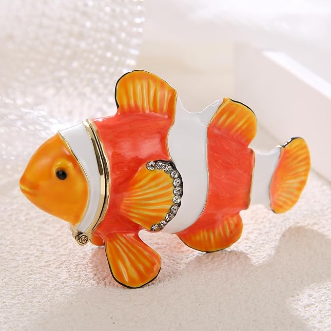Hand Painted Animal Trinket Box for Home Decor, Hinged Jewelry Organizer Storage, Unique Personalized Collectible Keepsake Figurine Handmade Decorative Ornament Gifts (Clownfish)