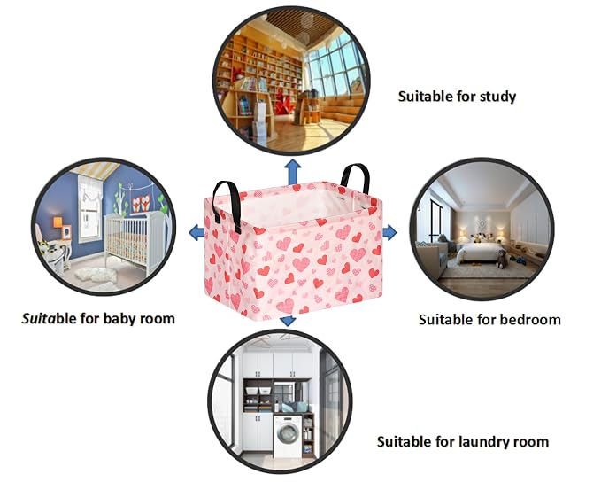 Rectangular Valentines Basket Storage Bin for Shelves Girls Gifts Baskets Foldable Box with Handles for Home Office Car Dormroom Valentine's Day Party Supplies