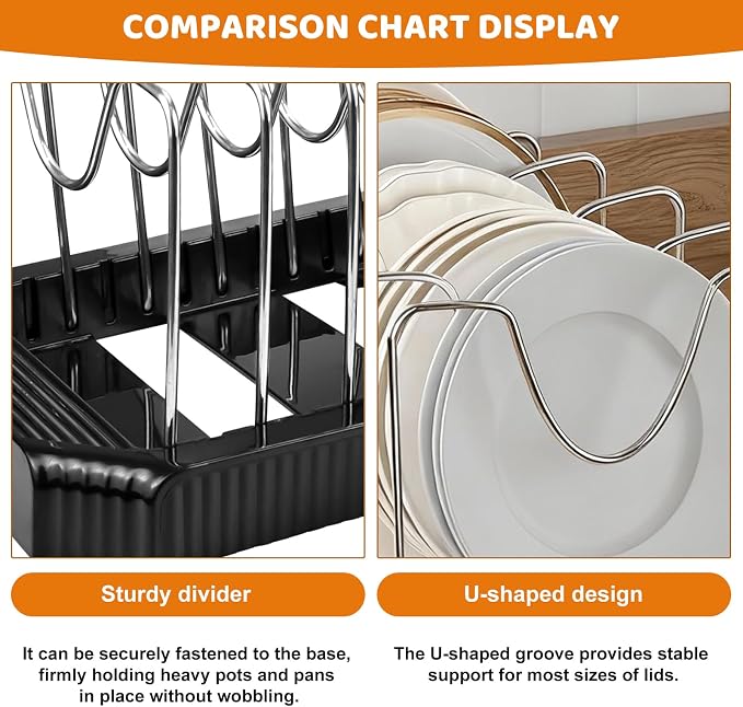 Expandable Pot Rack Organizer, 12 Adjustable Compartments, Pot and Pan Organizer Rack for Cabinet with Cup Brush Dividers, 13 -22" Wide Adjustable Pan Organizer - Pantry Countertop Storage (Black)